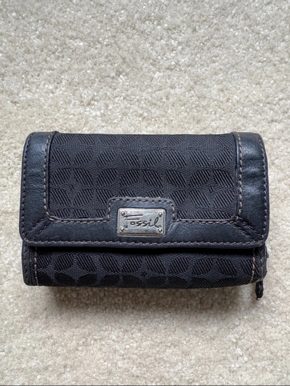 Fossil Leather Tri Fold Wallet Black Classic Zip Pocket